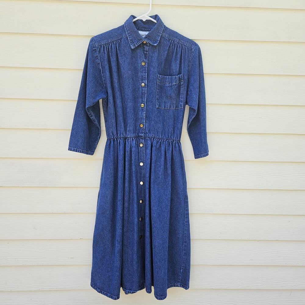 Vintage Denim Dress Womens S Western Cottagecore Teacher Modest Prairie Pockets